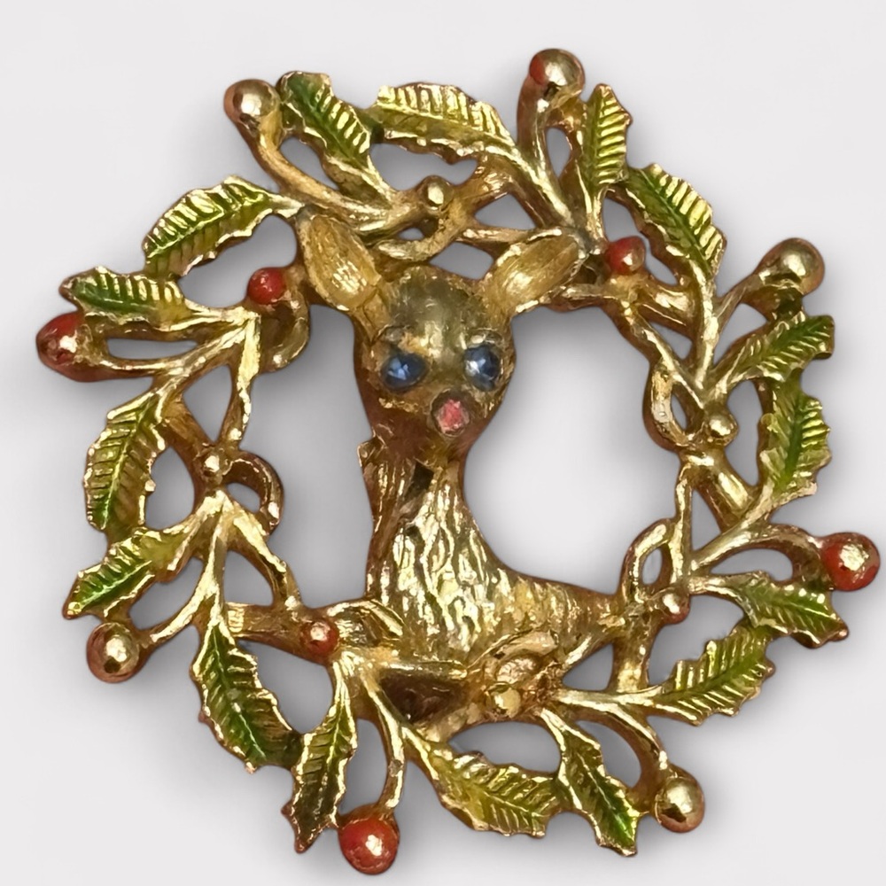 Vintage Gerry's Reindeer Brooch with Enamel Wreath